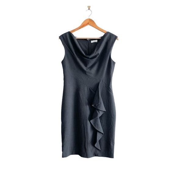 Calvin Klein Women's Sleeveless Cowl Neck Ruffled Knee-Length Dress Gray Size 8 - Picture 1 of 9